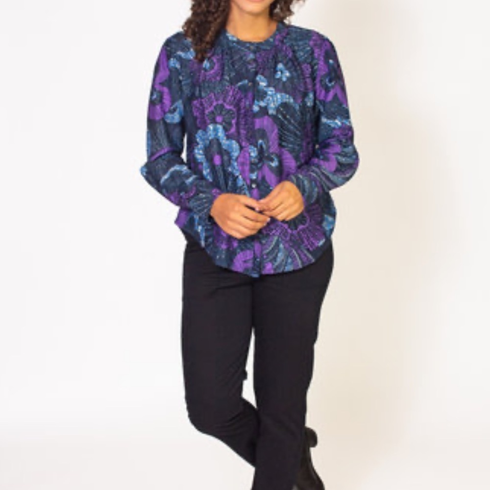 XiRena Silk Cotton Hailey Print Blouse Long Sleeves Samll Quiet Luxury USA Made - Picture 16 of 16